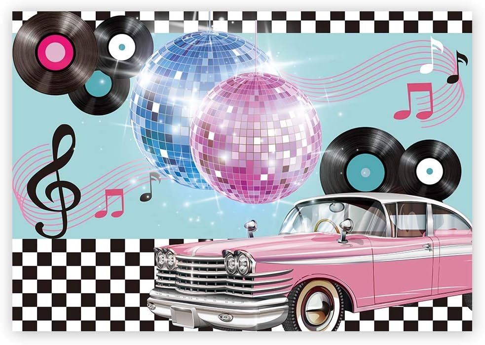 Funnytree 7x5ft 50s Retro Rock N Roll Diner Party Backdrop Car Sock Hop Dance Cosplay Prom Photography Background Classic 1950s Baby Adult Birthday Wedding Banner Cake Table Decoration Photo Booth