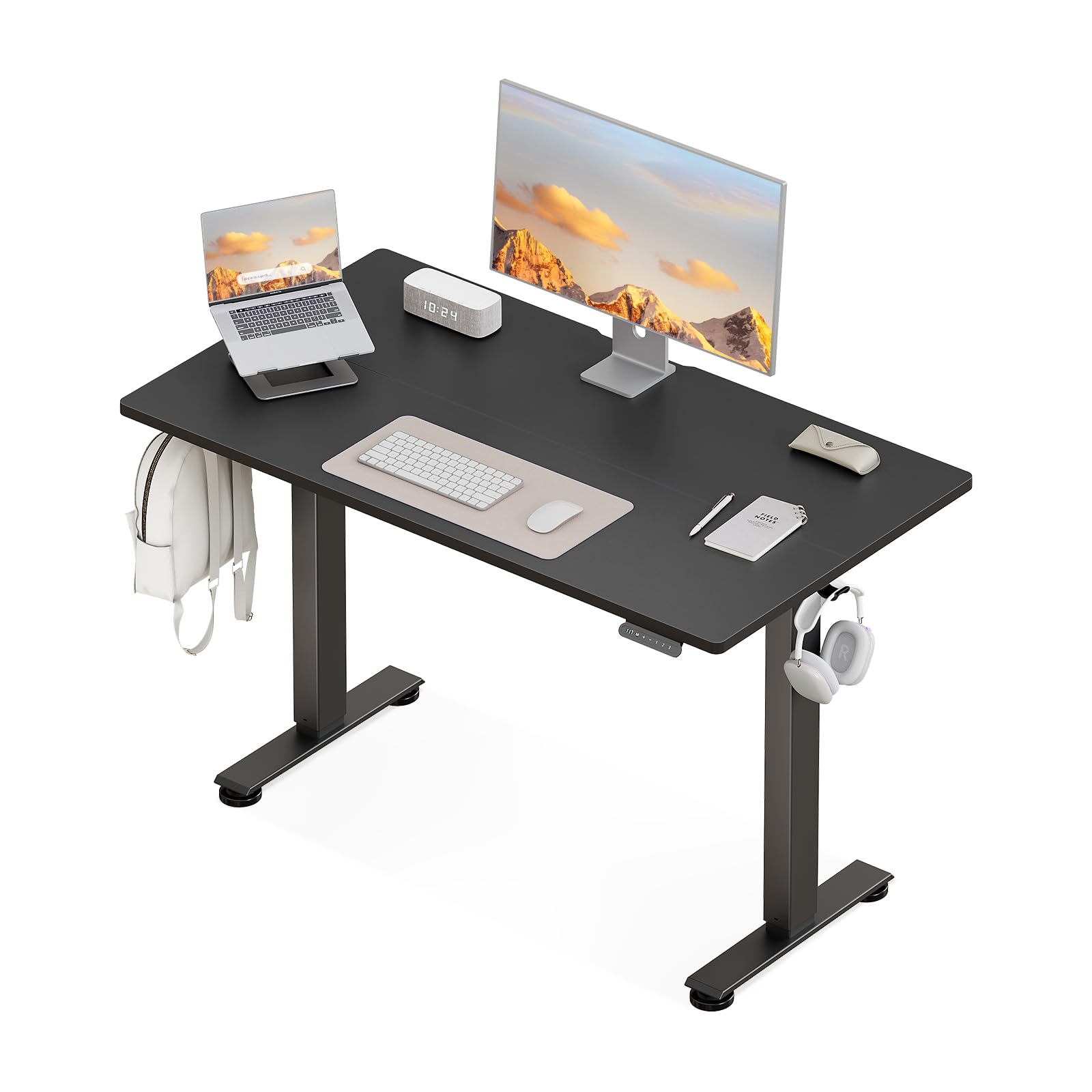 OffiGo Electric Standing Desk, 120x60cm Height Adjustable Desk with 2 Memory Presets, Quiet Sit Stand Desk for Home Office Bedroom Living Room, Ergonomic Computer Desk with Hooks & Cable Holes, Black