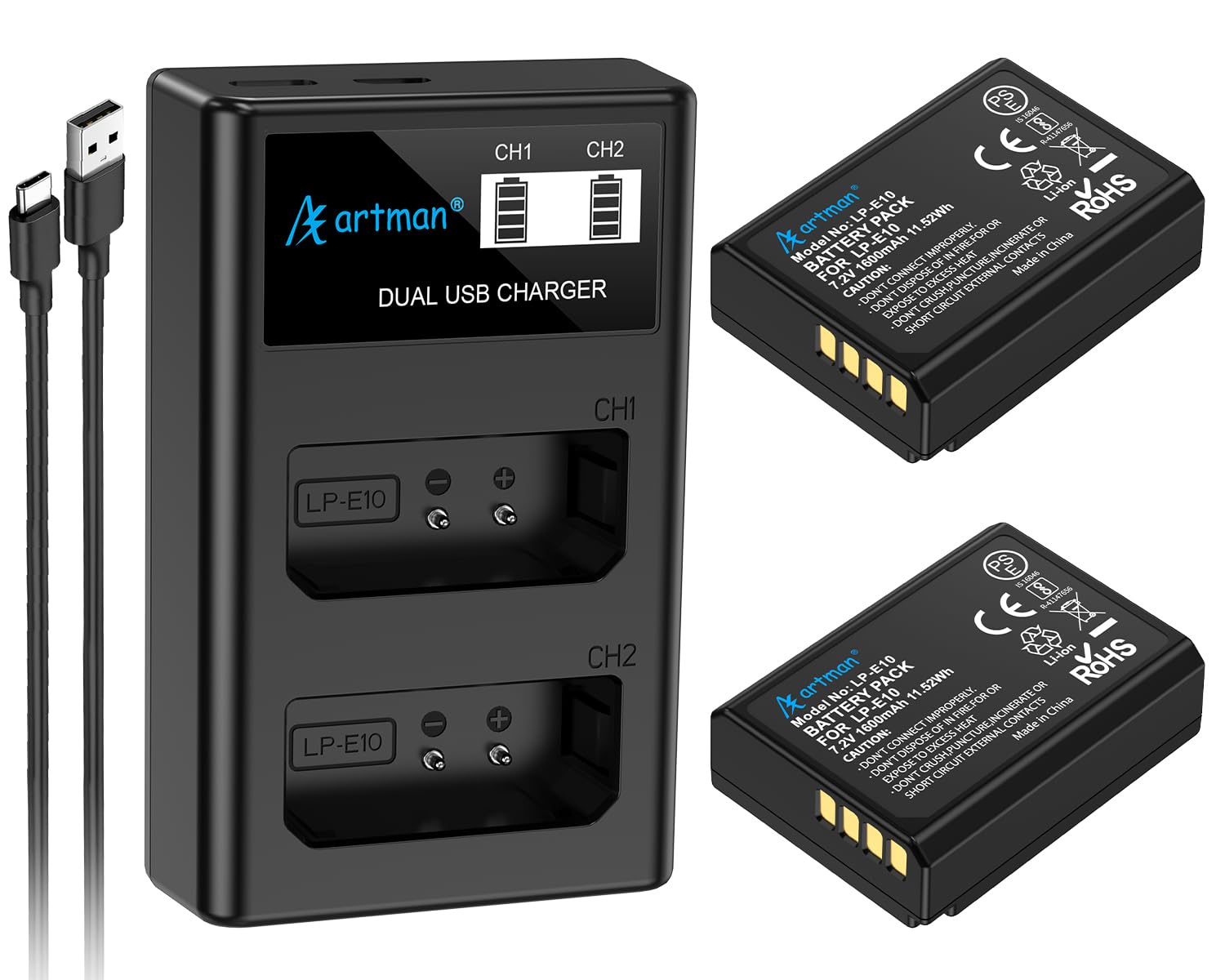 Artman LP-E10 Battery 2-Pack 1600mAh and Upgraded USB-C Dual LCD Charger for Canon LP E10, EOS Rebel T3 T5 T6 T7 T100, Kiss X50 X70 X80 X90, EOS 1100D 1200D 1300D 1500D 2000D 3000D 4000D Cameras