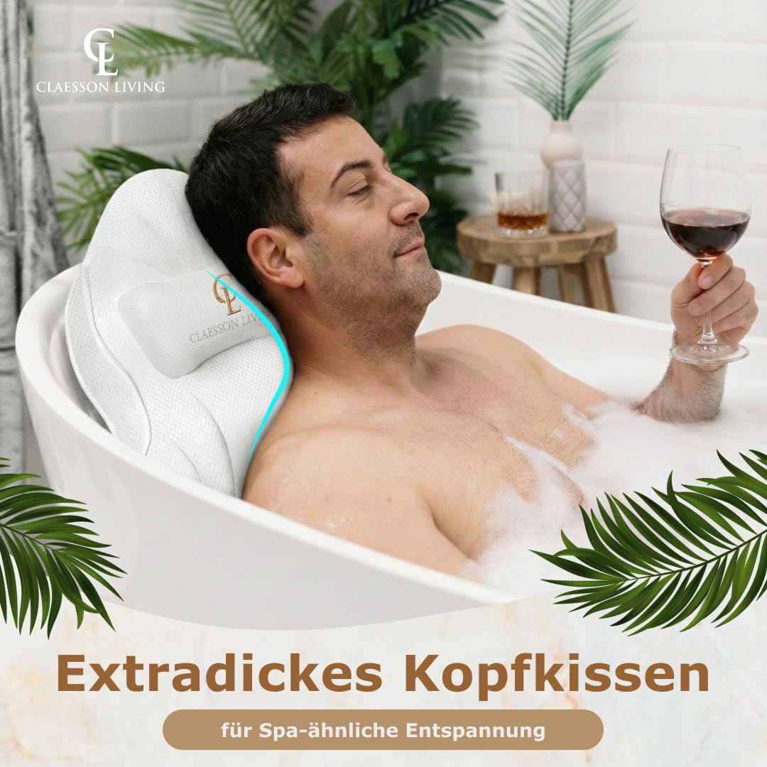 Badewannenkissen Ganzkörper Badekissen (126x41cm) - Badewannenmatte mit Kopfstütze (13cm) unterstützt Nacken, Rücken und Beine - Mit Wasch- und Reisebeutel und einem Hängehaken für Trocknen - Weiß