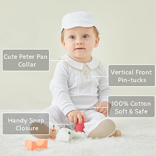 Vista 2 de pureborn Mono unisex para bebé, niños y niñas, de algodón, para primavera y otoño, mameluco de una pieza, traje de bautismo, color blanco, 0-24 meses