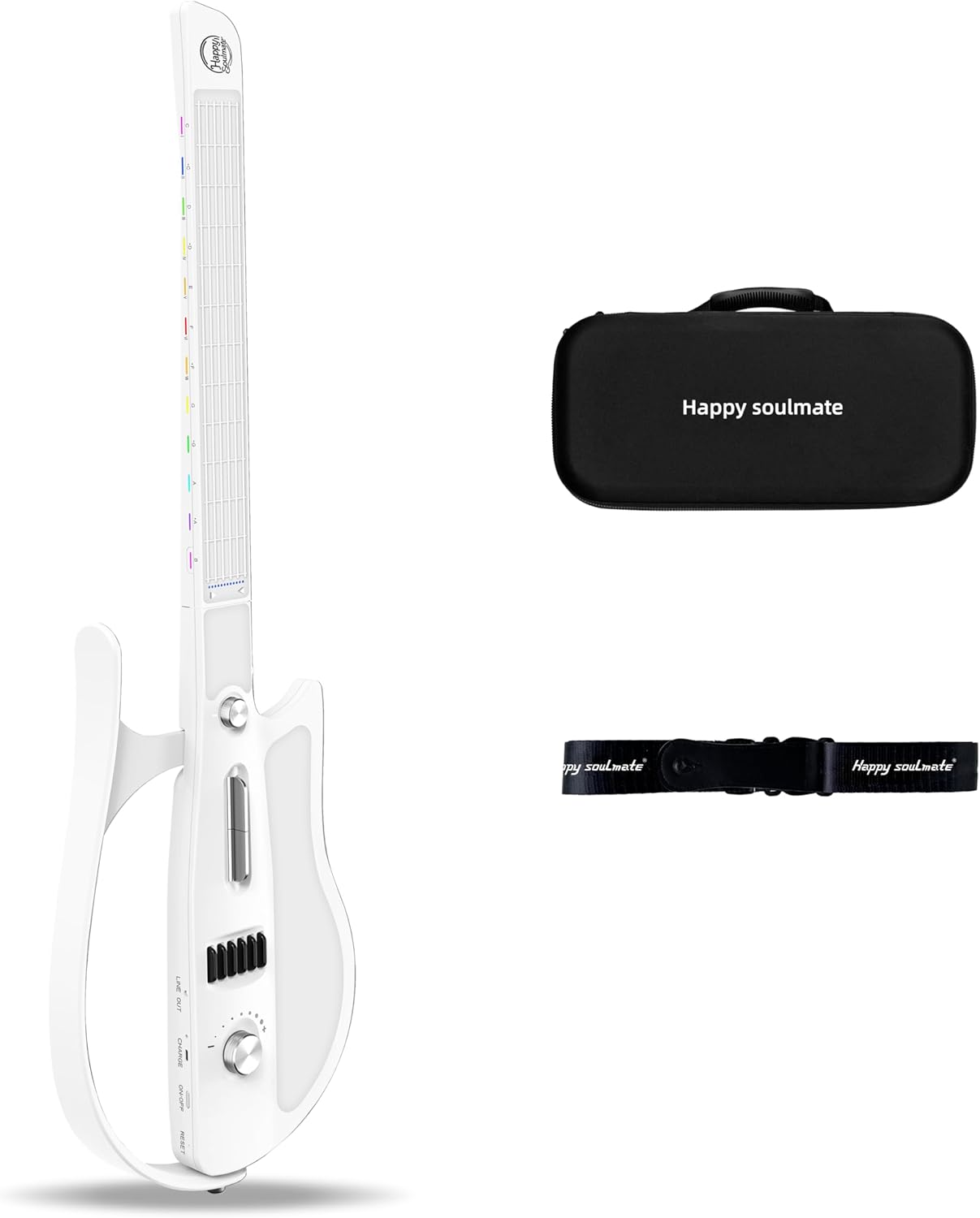 Stringless Smart Guitar, Portable and Foldable with App Control, Chord Generator, Electric Travel Guitar Built-in Drum Machine & Speakers, No Strings Attached for Beginners & Bands, White