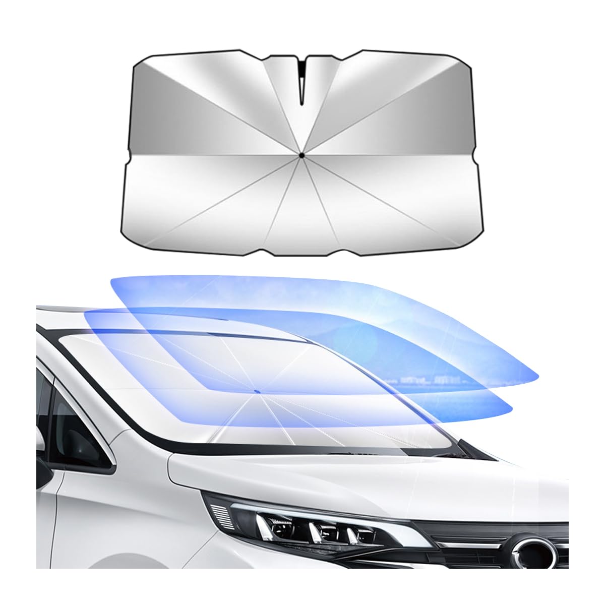 CGEAMDY Parasol para Coche, Parasol Coche Delantero Paraguas, Front Car Sunshade Giratorio De 360°Plegable Protege, Paraguas Coche Delantero Protector, Parasol Plegable para Coches, Camión(140x74cm)