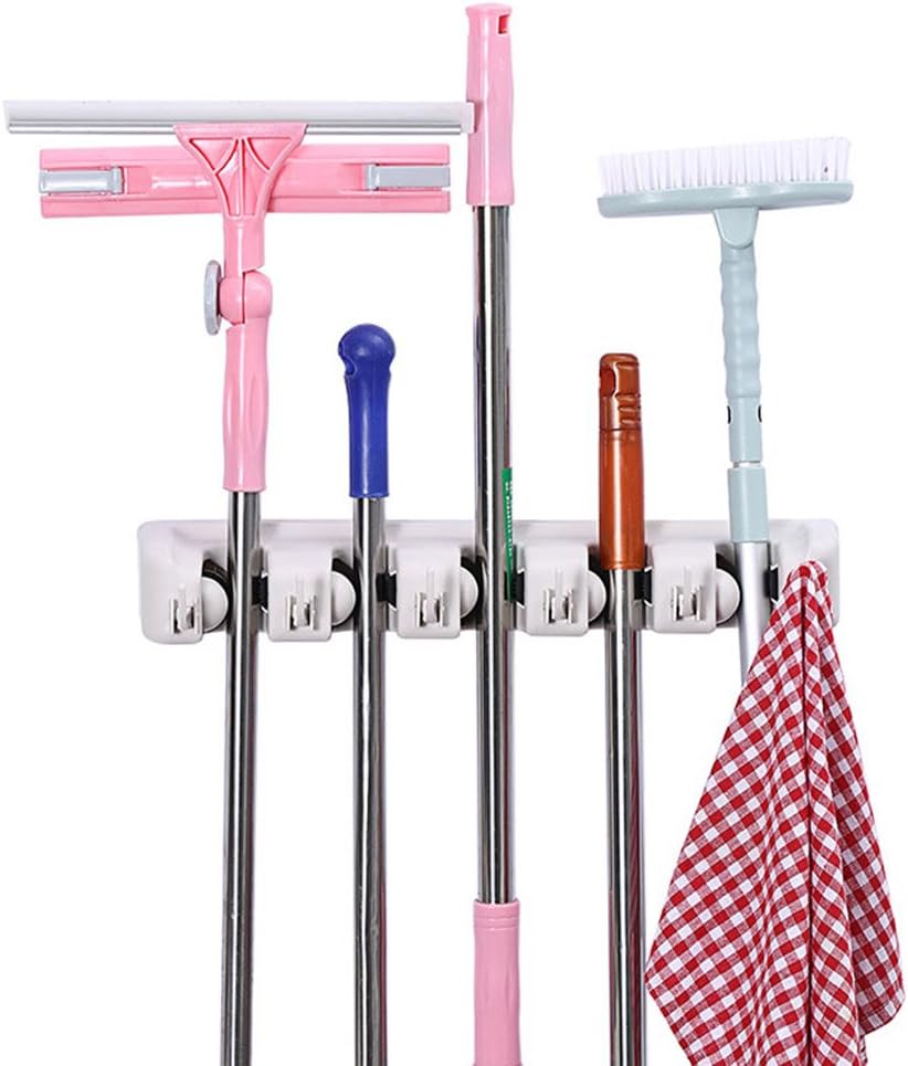 SeaTrade Wall Mounted Mop and Broom Holder, 5 Position with 6 Hooks Storage Solutions for Broom Holders, Garage Storage Systems Broom Organizer for Garage Shelving Ideas