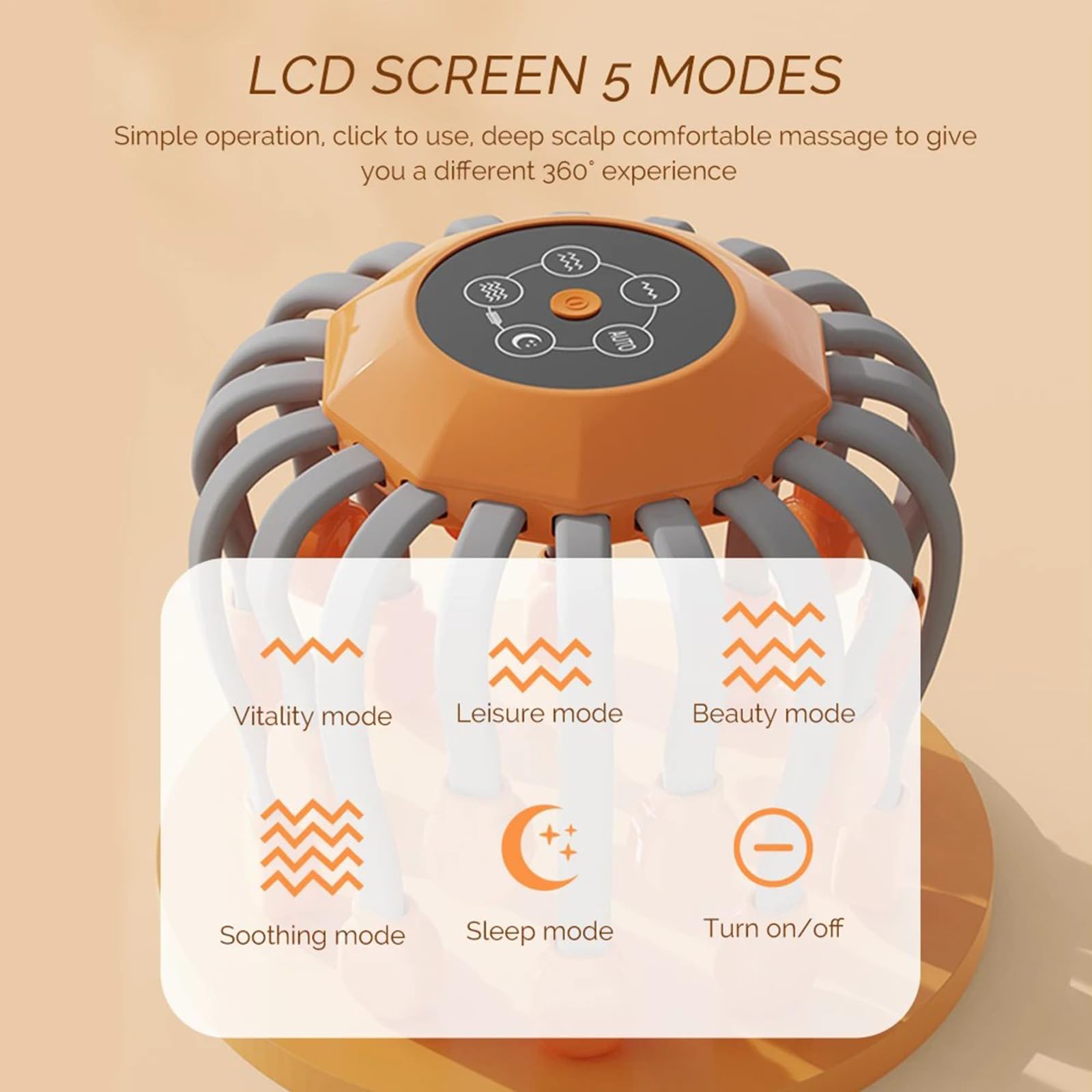 Octorelax Head Massager, Kopfmassagegerät Elektrisch, 360° Kopfhaut-Massagegerät mit 5 Modi, 20 Massageköpfen, LED-Rotlicht, Timer, Tragbar Kopfmassage für Damen Herren (Schwarz)