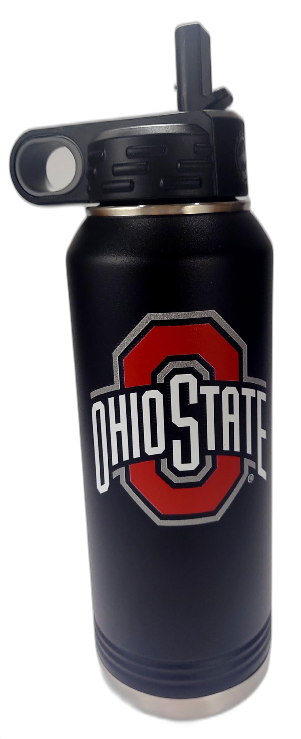 Ohio State University 32oz Stainless Steel Double Walled Black Beverage Bottle with Flip Straw Spout - College Gear for Playoff Season – For Office,