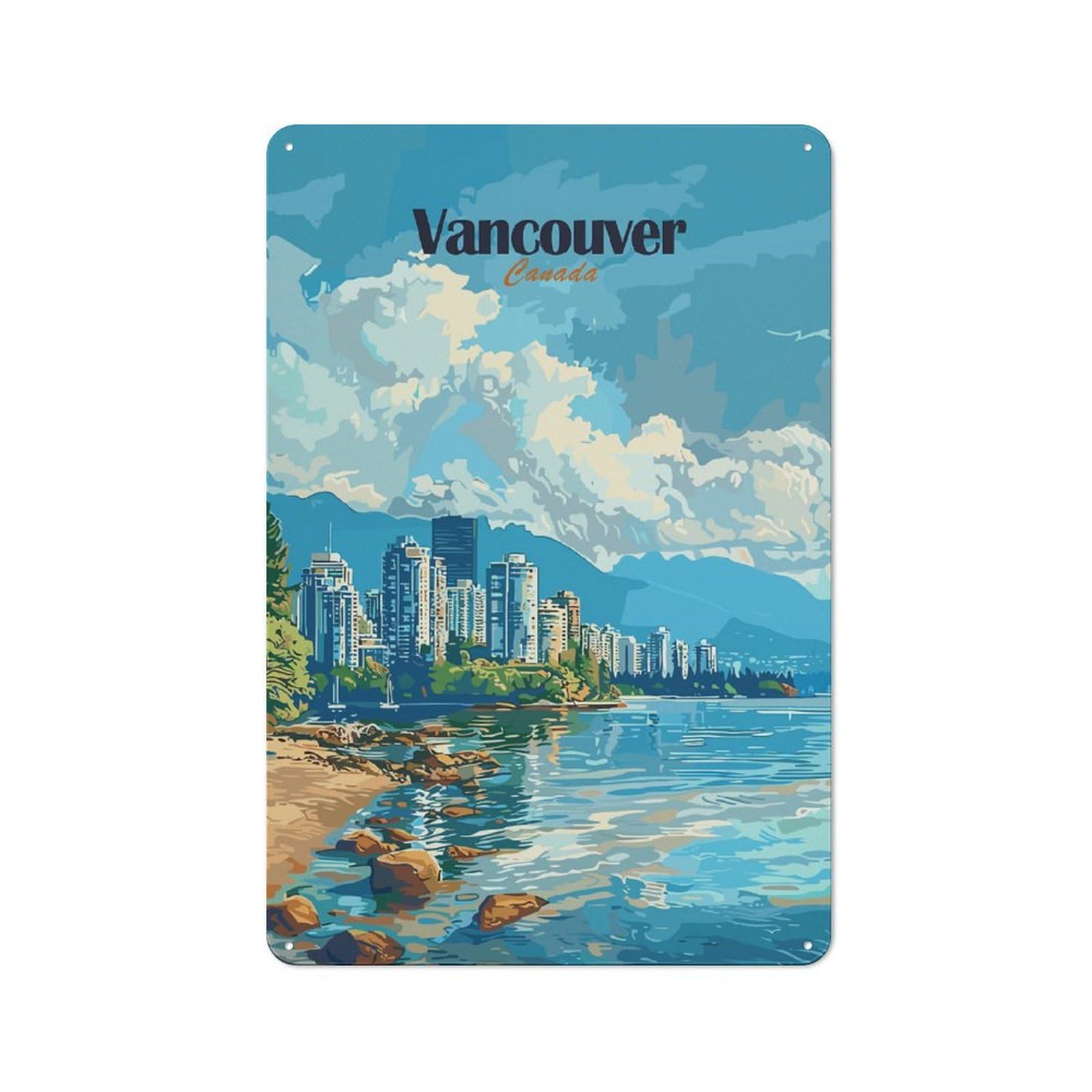 Junmoney Style-15 Vancouver Canada Cityscape Art Retro Tin Wall Plaque 30X20cm For Hobby Room Or Studio, For Garage, Workshop And Man Cave Decoration