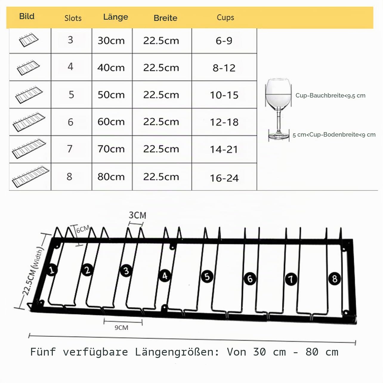 W-603 2 Stück 5 Reihige Schwarz Halterung für 10 Tassen, Metall, zum Aufhängen unter dem Schrank, für Weingläser, Sektgläser, Kelche und Stielgläser