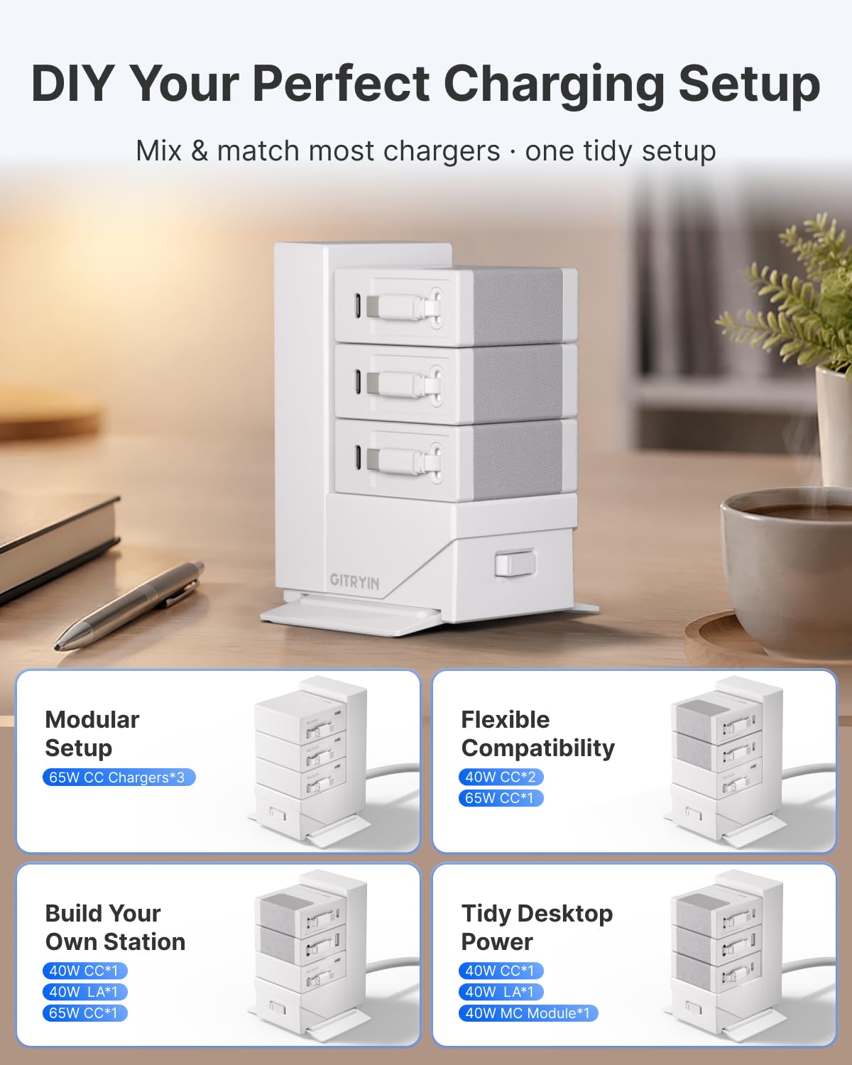 Gitryin ModDock 3 Stazione di ricarica modulare desktop, stazione di ricarica retrattile 8 in 1 per telefoni cellulari con 3 blocchi di ricarica di tipo C, hub di ricarica USB veloce da 120 W con cavo