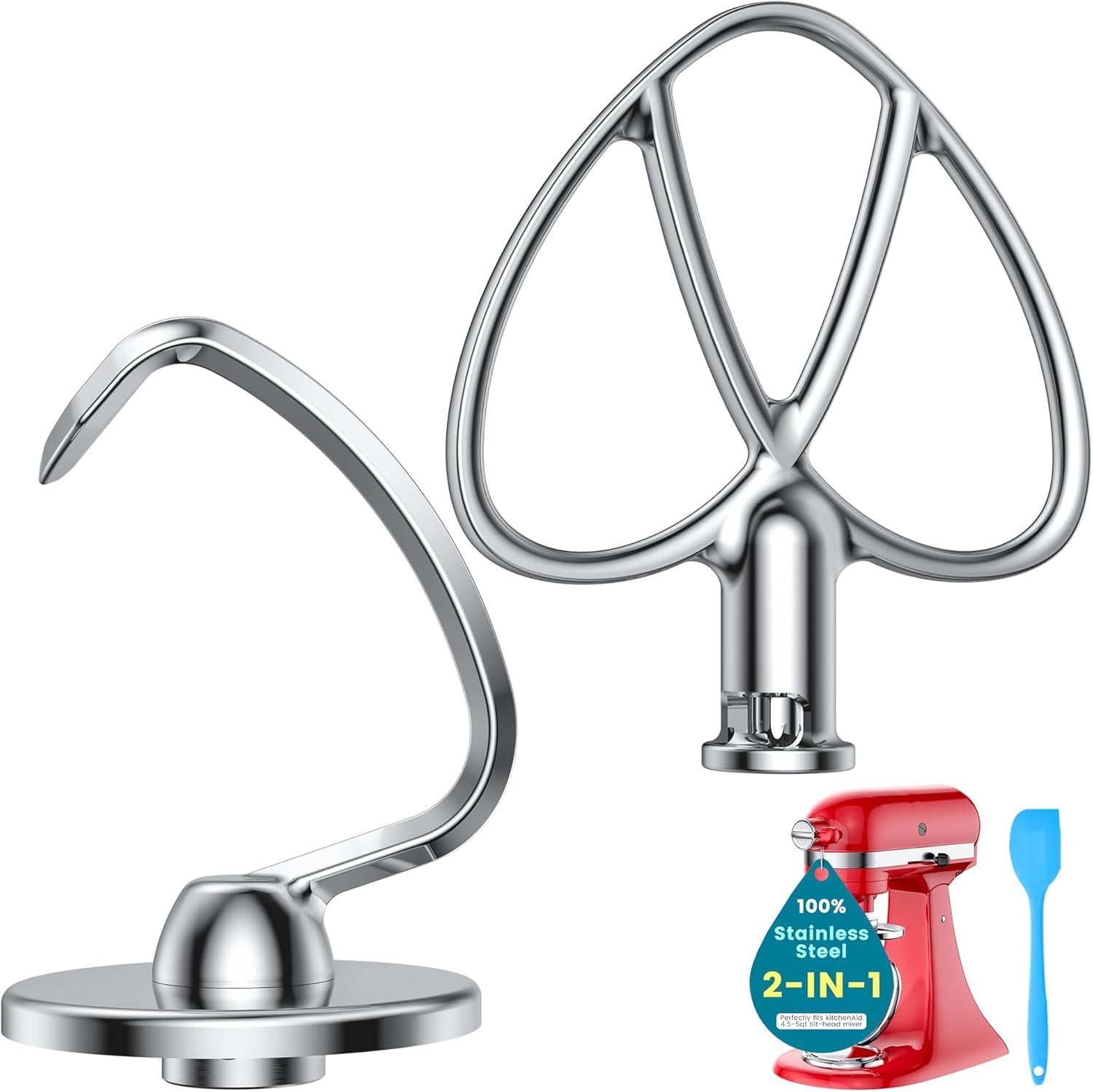 Premium 316 Stainless Steel Attachments 2 Piece Kit, Flat Beater & Dough Hook for 4.5 and 5 Qt Kitchenaid Tilt-Head Stand Mixers, Paddle&Dough Hook Mixers Accessories, Dishwasher Safe, Spatula&Recipe