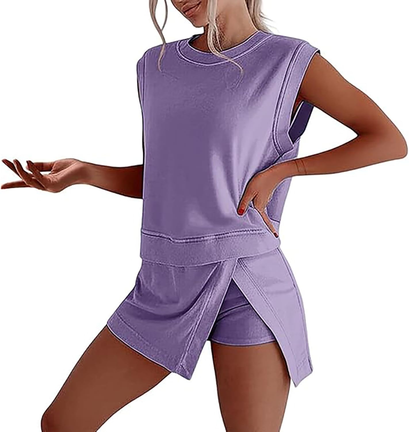 Cotton Skort Set 2 Piece Outfits Athletic Sets for Women, Cotton Tank Top Lined Split Athletic Skirt Set 2 Piece