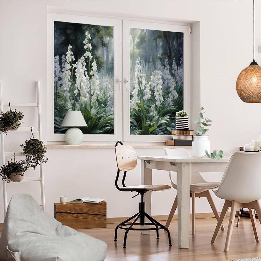 Sunshine Forest witrażowa folia okienna, biała, kwiatowa folia maskująca do szklanych drzwi i okien, nieprzylepna, dekoracyjna, 90 x 140 cm (2 sztuki)