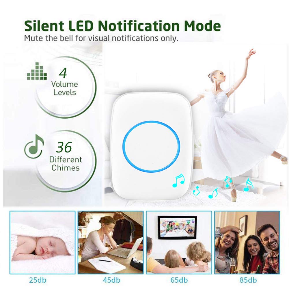 Timbre Inalámbrico con 3 Receptores, Kit De Timbre De Puerta Impermeable IP44 A 300 M De Alcance, 36 Tonos De Llamada, 4 Niveles De Volumen, Indicador LED,Blanco