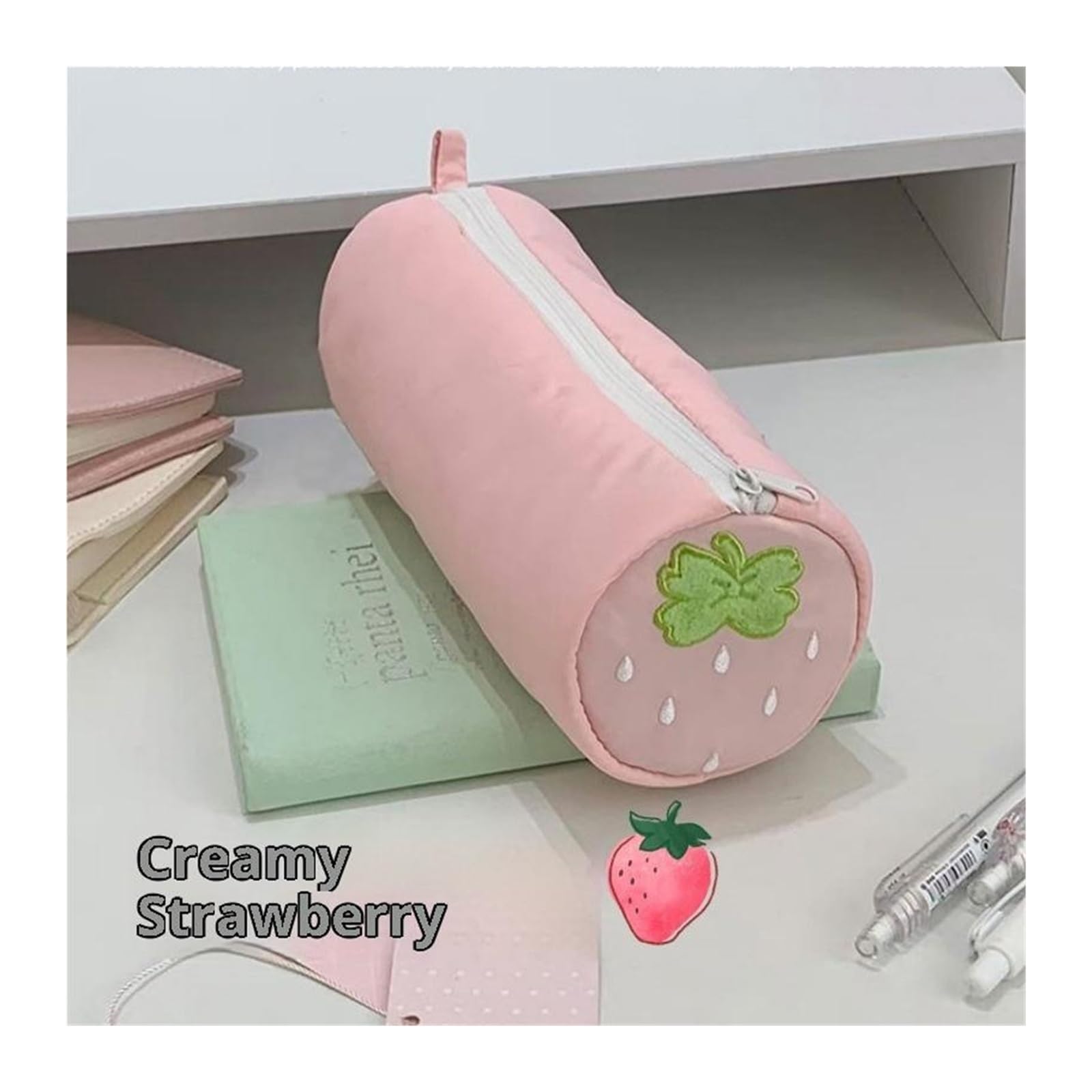 Astuccio con fragole for studenti | Rosa a pois, design color crema, grande capacità, portatile, regalo for il rientro a scuola(A1)