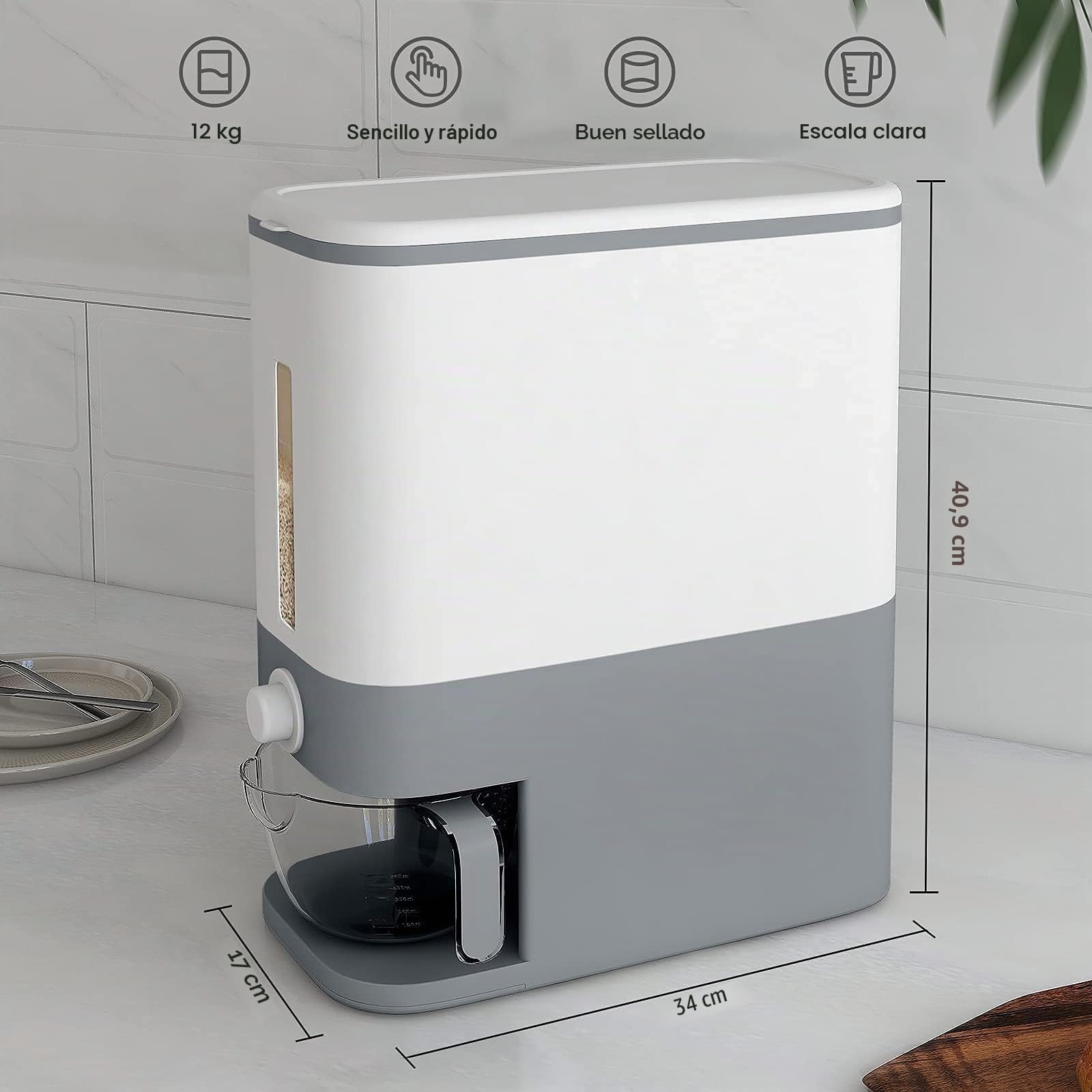Dispensador de arroz grande, contenedor de grano grande con tapa, cilindro de medición, a prueba de humedad, dispensador de cereales para el hogar, cubo para cocina, soja y maíz
