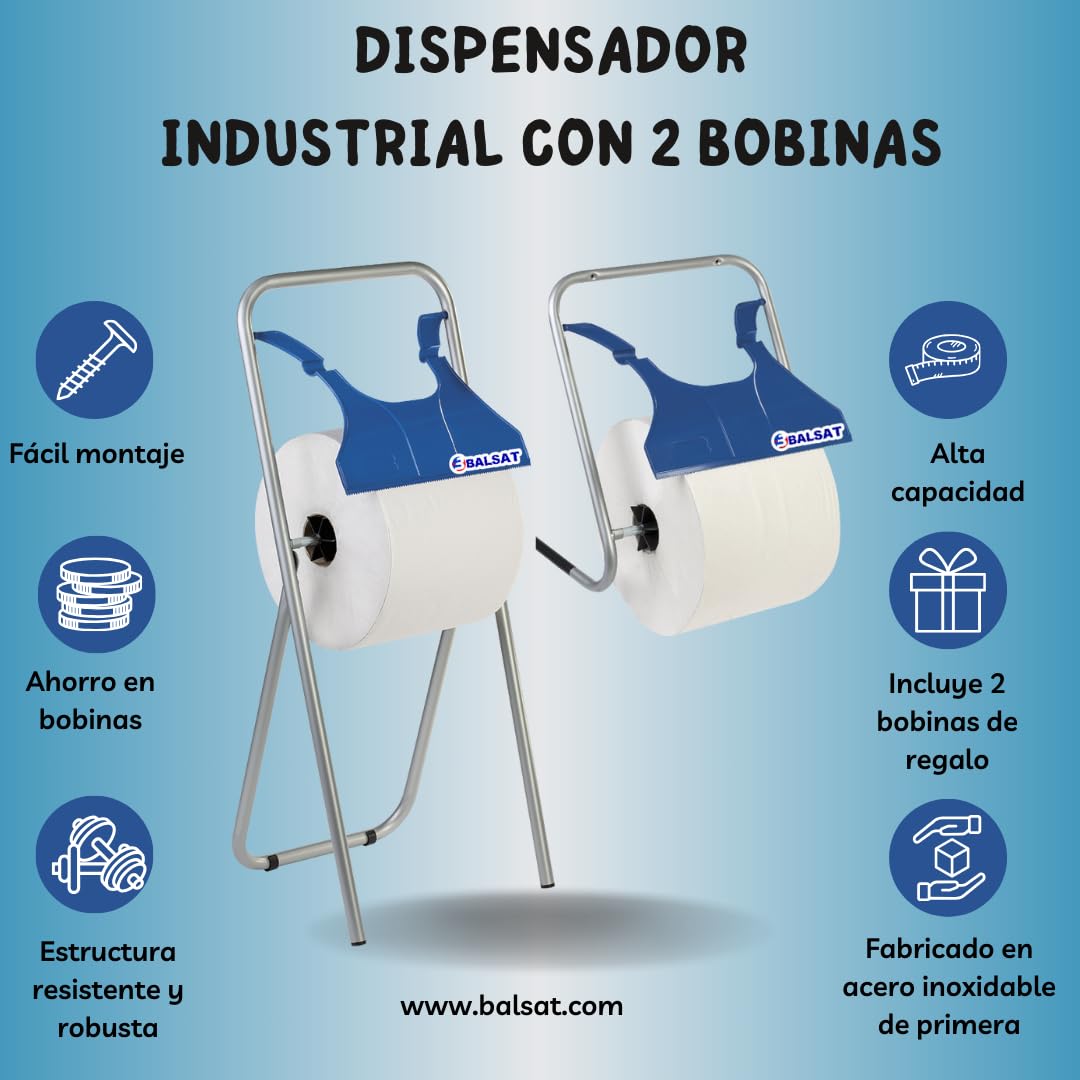 BALSAT | Dispensador Industrial de bobinas industriales pie o Pared | Portarrollos Industrial | para bobinas industriales | Incluye Paquete de 2 bobinas industriales de Regalo (Dispensador de Pared)