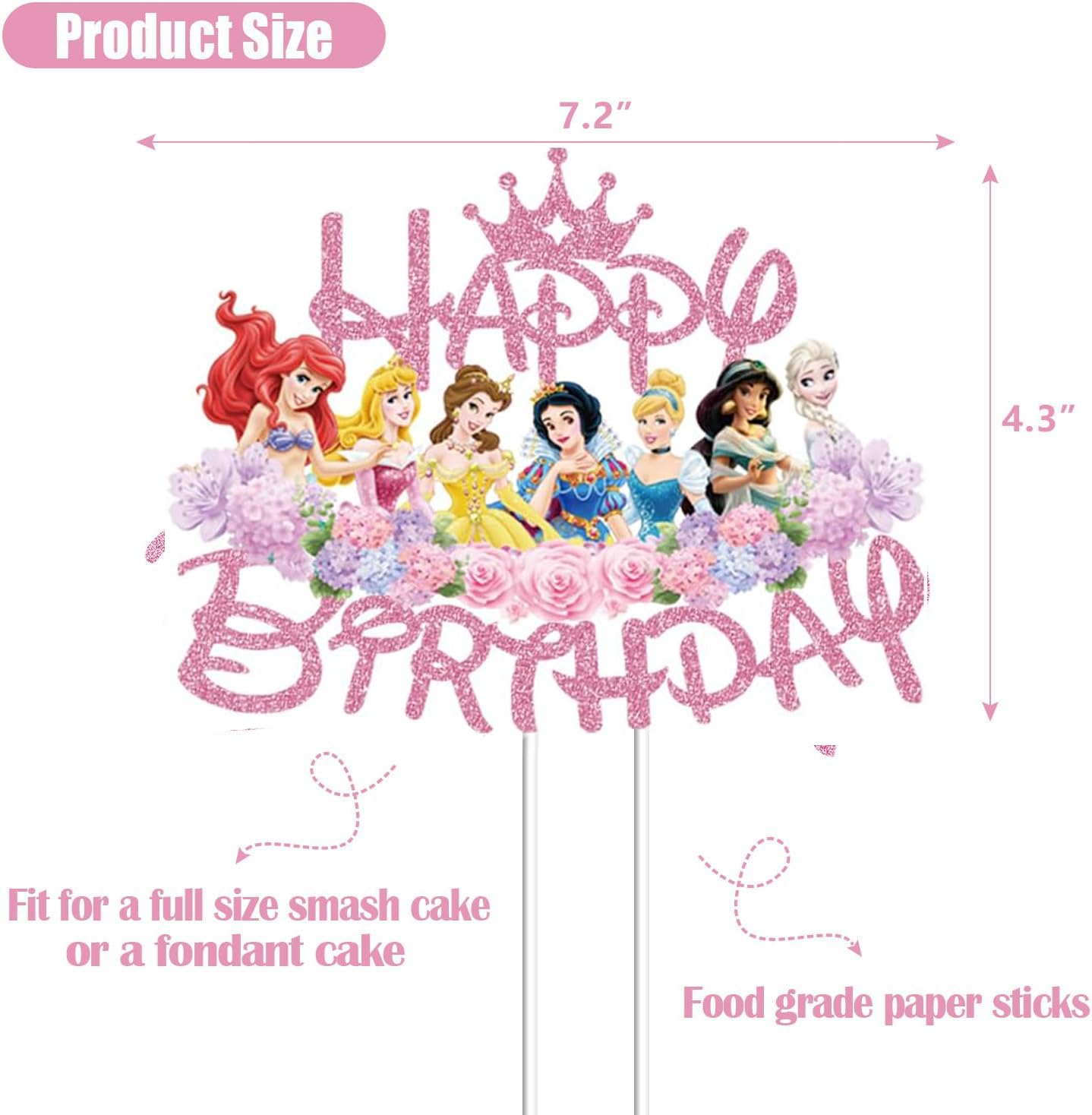 Princess Cake Topper for Girls - Pink Glitter Birthday Decoration Theme Party Supplies, 7.5" x 4.7" - Image 2