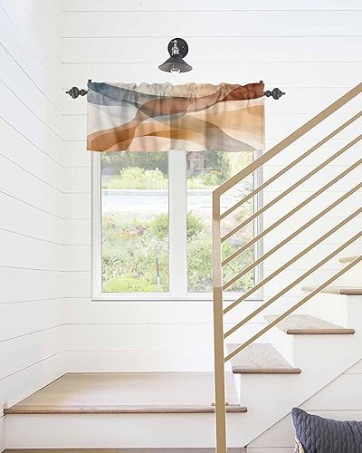 Miniatura 5 de Chucoco Valance for Kitchen Windows, Retro Ombre Blue Brown Waves Rod Pocket Valances Short Curtains, Abstract Water Ripple Seamless Curtain Valance