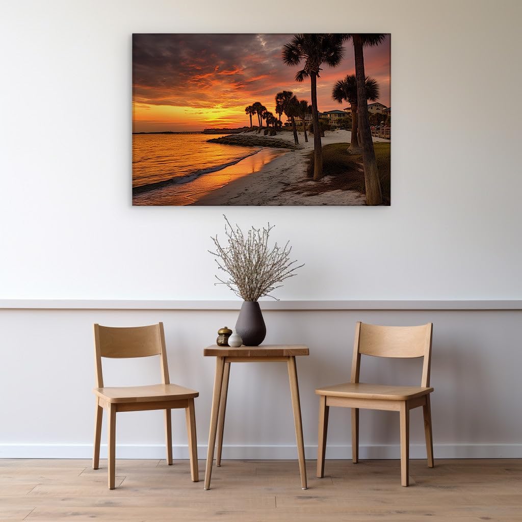 Canvas for Living room. Sunset Serenade: Palm Trees and Pristine Sands Meet a Fiery Sky, 27 x 18 inch Canvas Wall Art - Beach Sunsets And Sunrises - Modern Home Decor