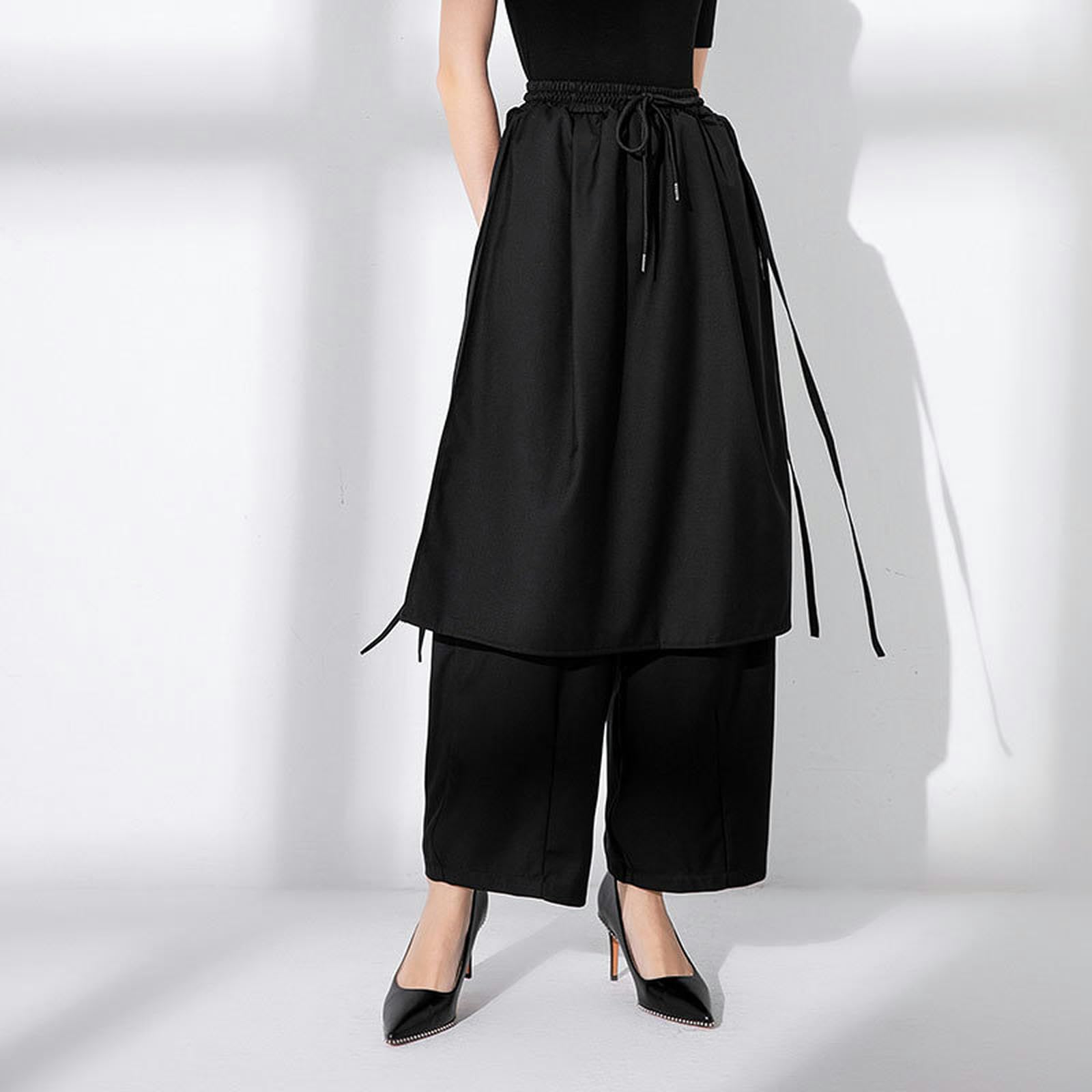 Jupe-Culotte Taille Haute Style Street Workwear avec Coutures latérales et banderoles, Jupe-Culotte décontractée et Pantalon décontracté à Jambes Larges - Noir - Taille Unique