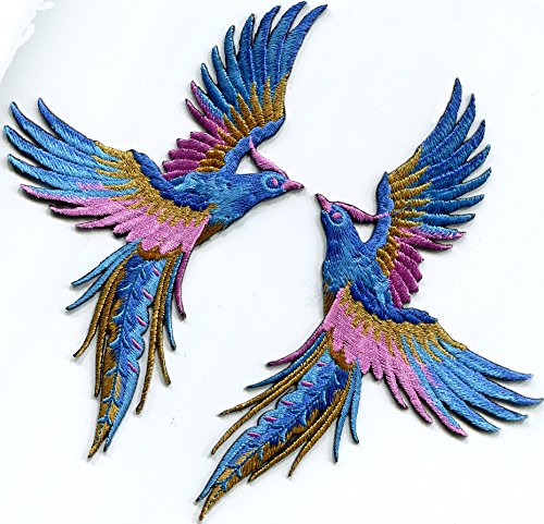 Phoenix Phenix Birds Azure Blue Pink Gold Embroidered Appliques Iron-On Patches Pair S-1338 #TOP11