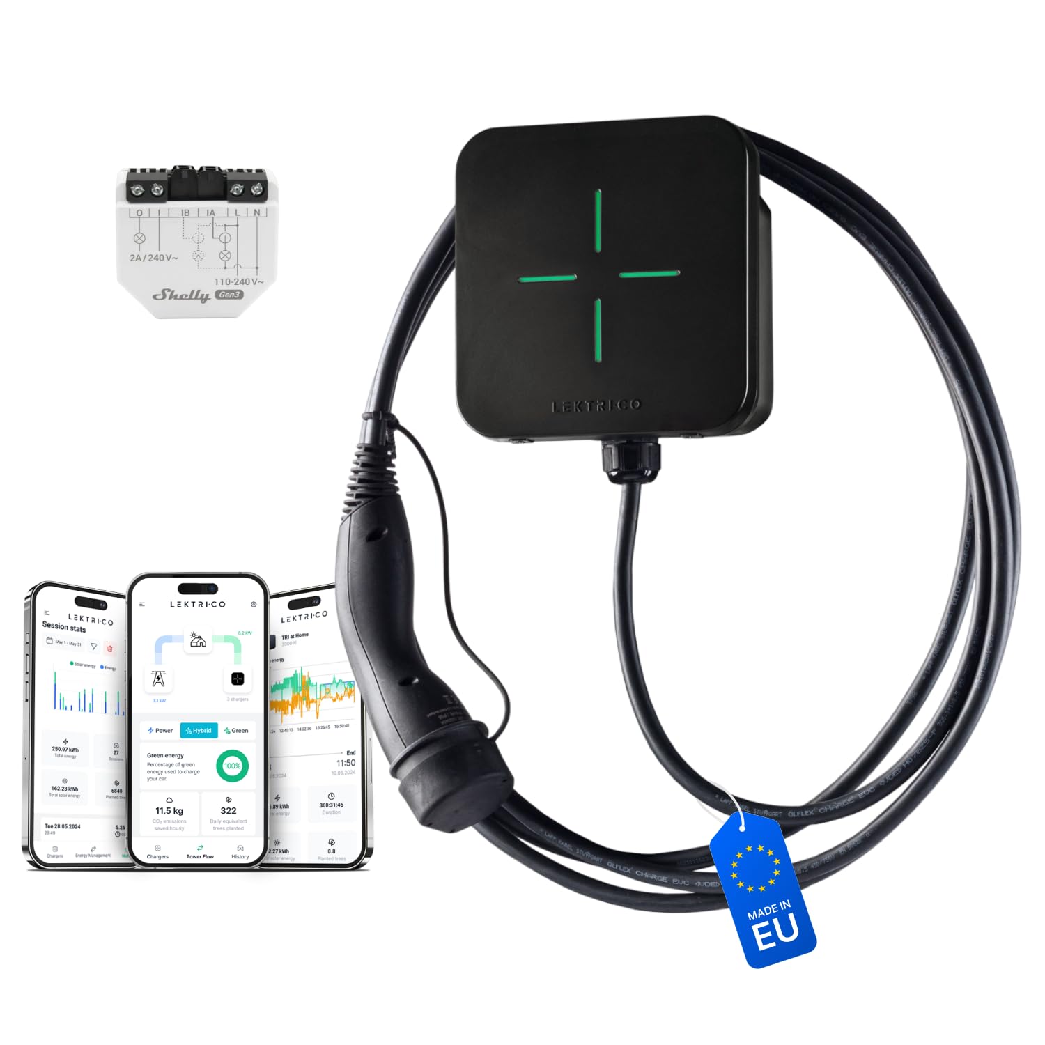 LEKTRI.CO – Stazione di Ricarica Auto 1P7K – Ricarica EV Ibrida (7.4kW), fotovoltaico, monofase 230V, Corrente 6-32A - Cavo di Ricarica EV 5m – Wi-Fi con App