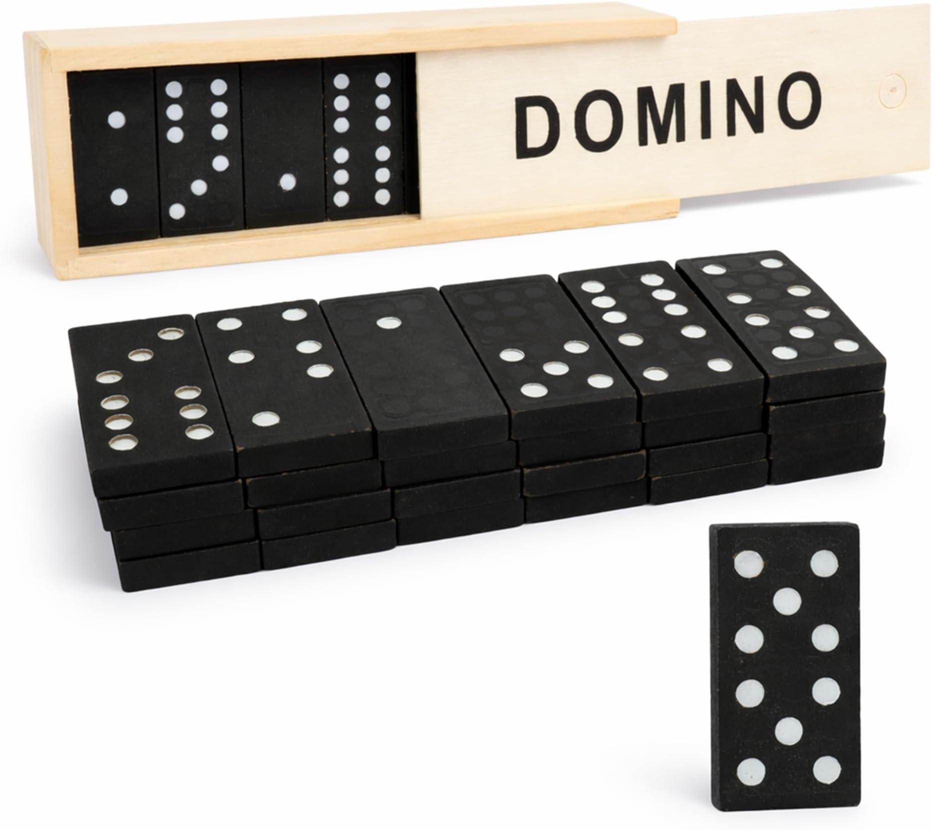 D.A.Y. Republic 28pc Double Six Classic Retro Domino Game, Traditional Set in Wooden Case, Educational Travel Sized Toy (Dominoes in Wood Box)
