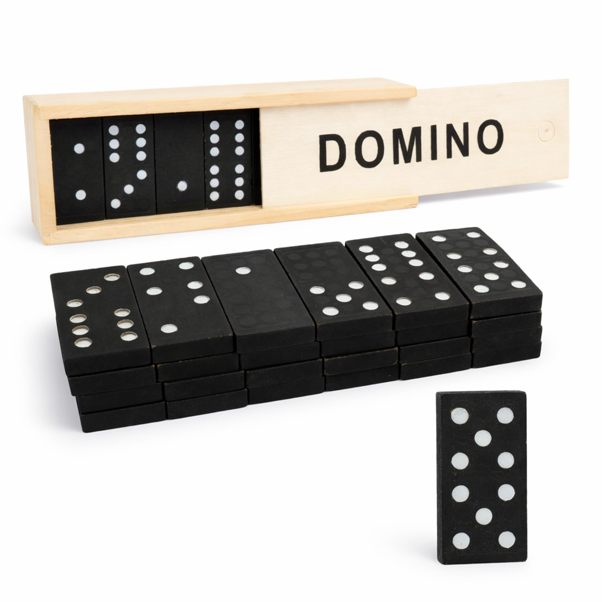 28pc Double Six Classic Retro Domino Game, Traditional Set in Wooden Case, Educational Travel Sized Toy (Dominoes in Wood Box)