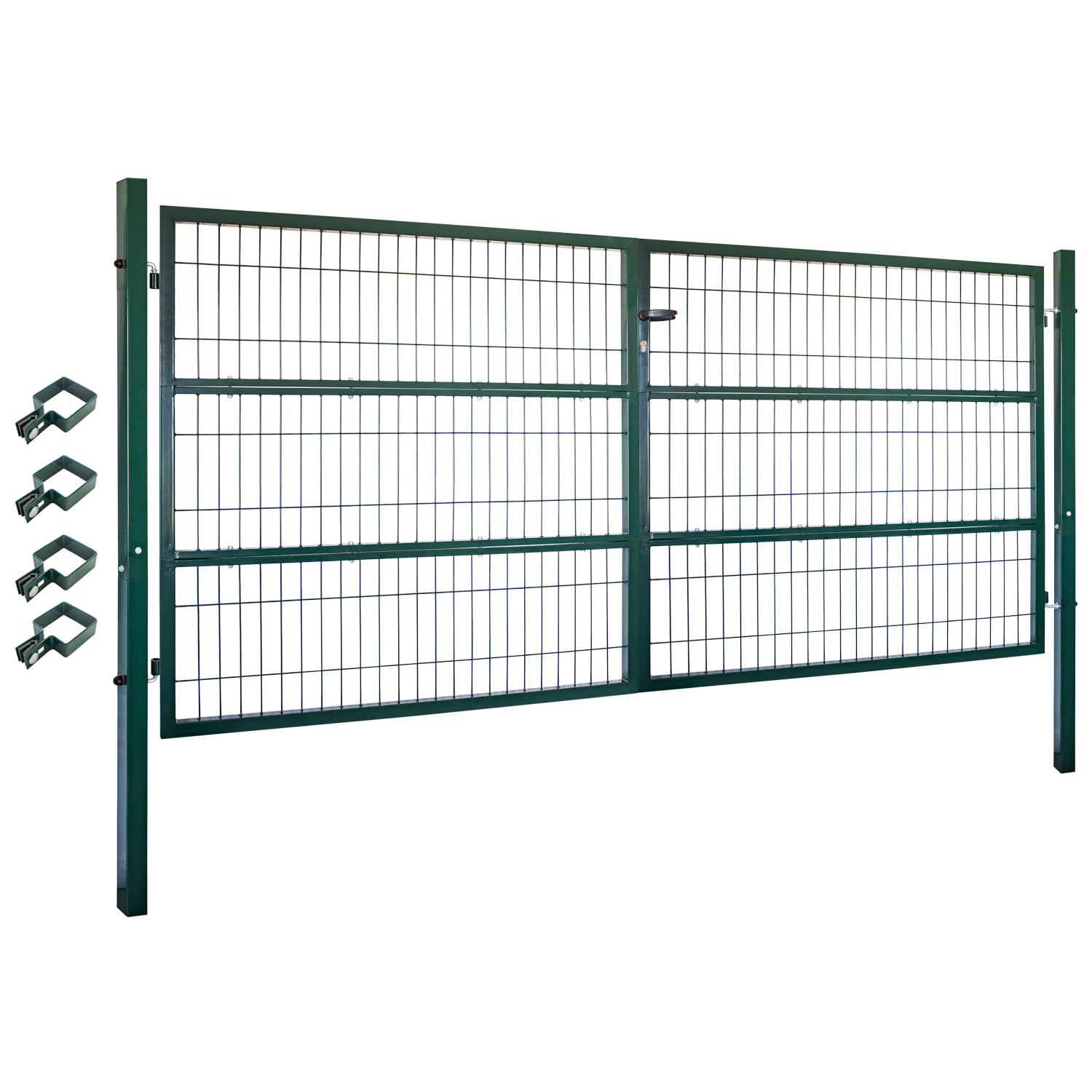 Cancello da Giardino, 300 x 140 cm, Doppia Anta in Metallo, Porta da Giardino per Asta e Recinzione, con Serratura, Include paletti, Verde