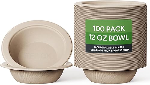 Teoox Cuencos 100% compostables, 12 oz 100 unidades cuencos desechables, cuencos de papel con certificación BPI desechables, cuencos de papel de