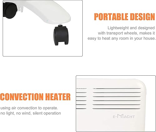 Miniatura 9 de Calentador de espacio, calentador convector eléctrico de 1000 W con ruedas independientemontado en la pared, panel calentador inteligente, pantalla