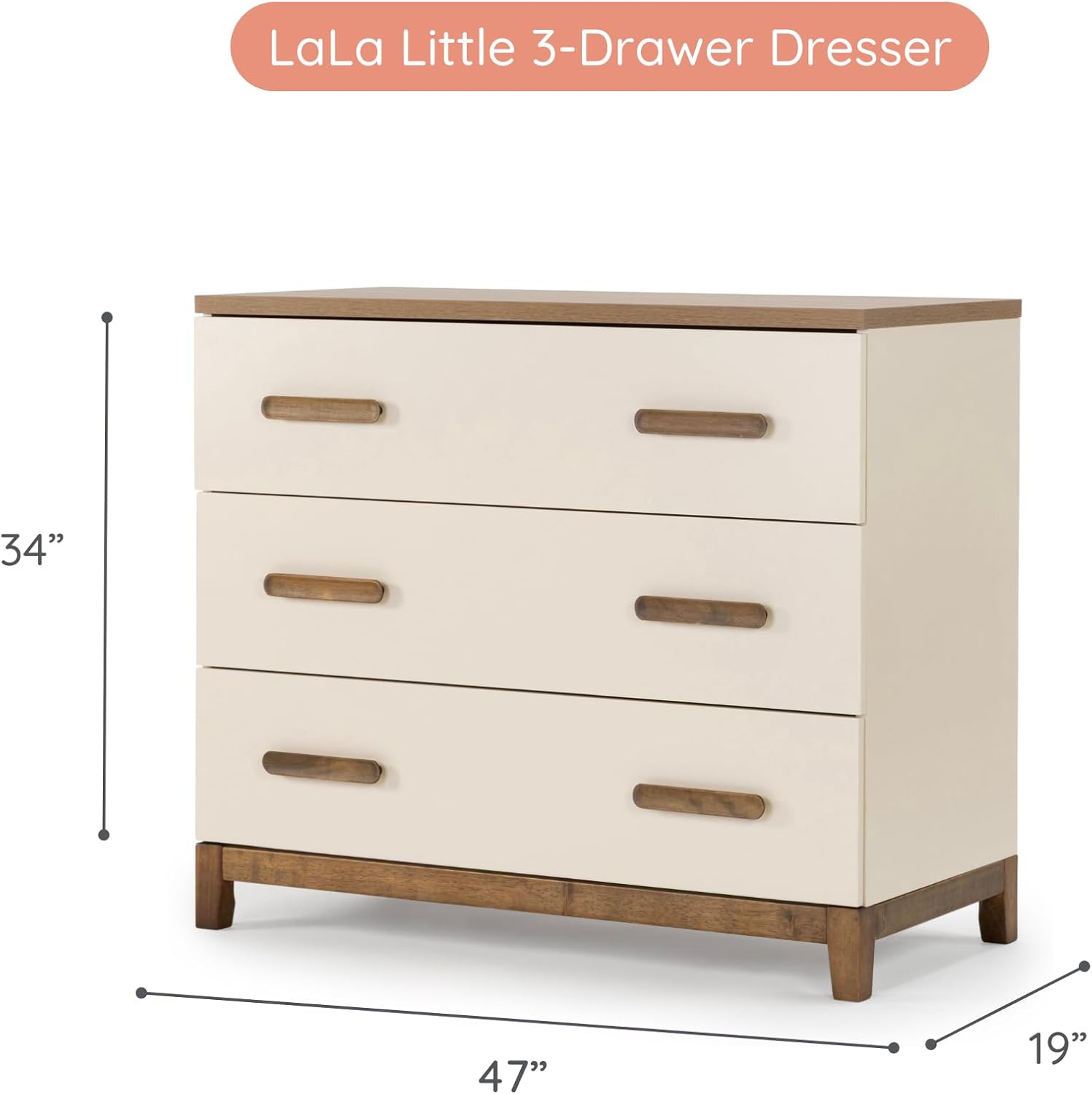 dadada LaLa 3 Drawer Dresser for Nursery - Modern Design, Deep Drawers, Baby-Safe Finish, Anti-Tip Safety, Durable Construction, Maximum Storage for Small Spaces, 39"W|34"H|19"D. (Almond Milk+Walnut)