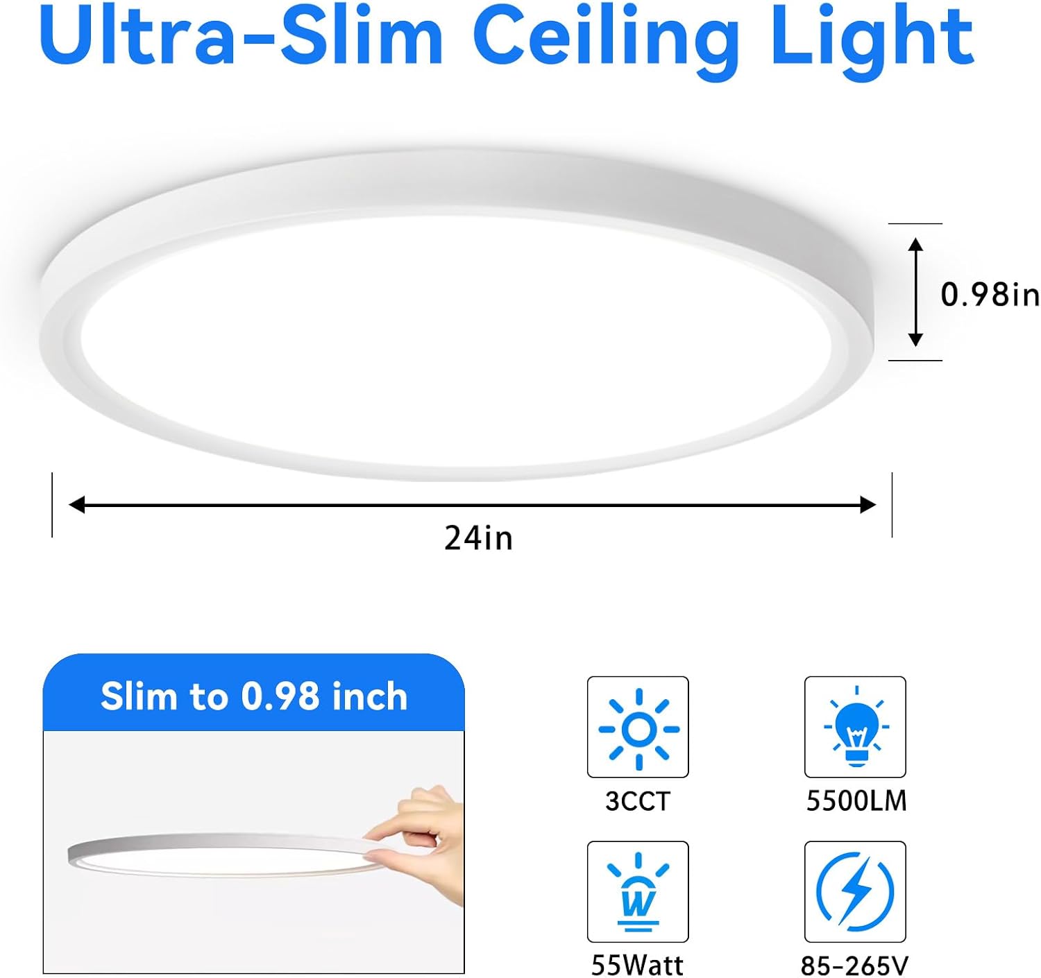 24 Inch Large Led Ceiling Light Flush Mount, 55W, 5500LM, 3000K/4000K/6000K CCT Selectable, B Right Close to Ceiling Round Flat Panel Light for Bedroom,Kitchen,Hallway, White