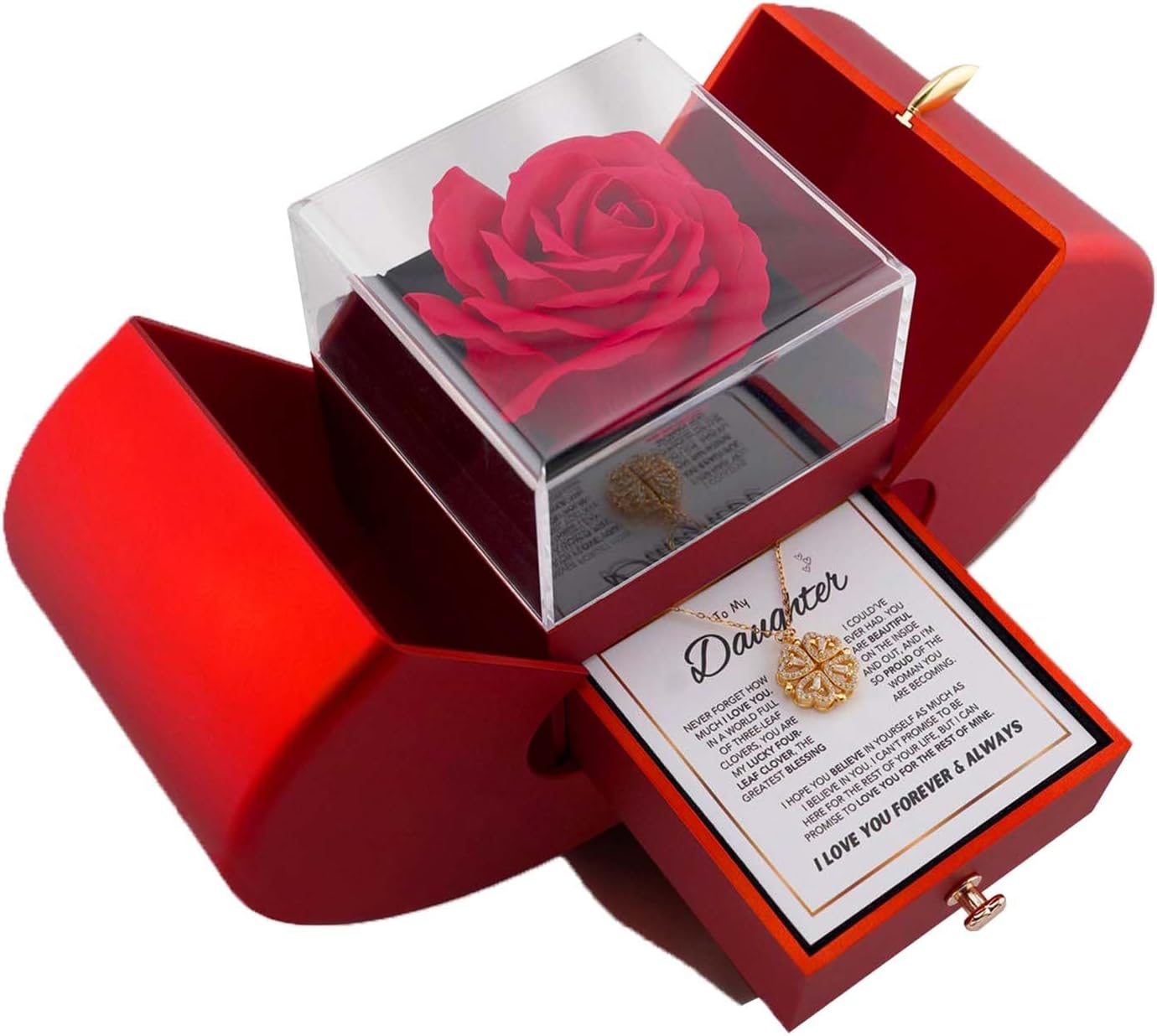 Daughter's 4-Leaf Clover Lucky Charm Necklace and Forever and Rose Gift Box, S925 Sterling Silver Necklace for My Daughter Four Leaf Clover, Birthday Gifts for My Daughter