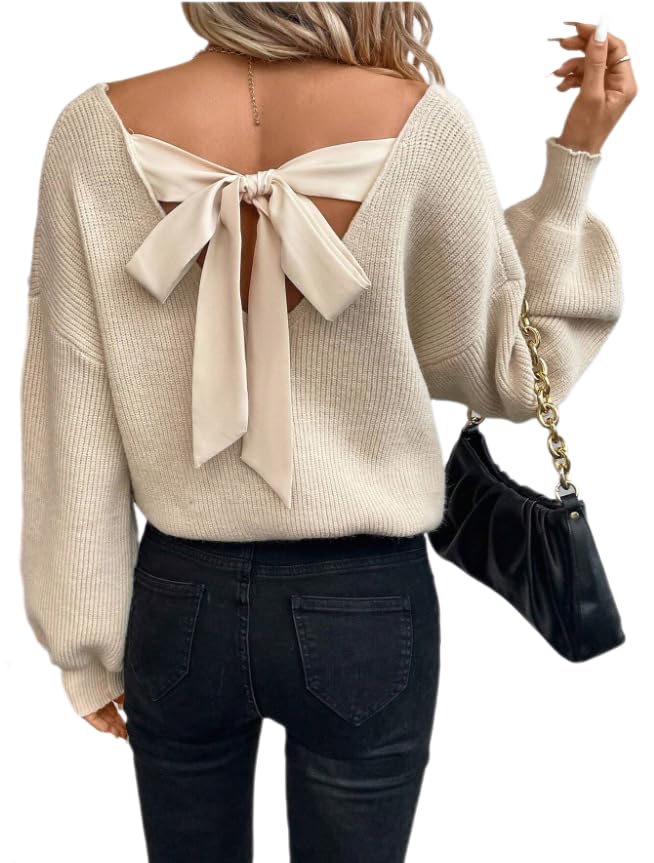 Melliflo Womens V Neck Backless Pullover Sweater Bow Tie Knit Top Fall Casual Loose Lantern Sleeve Jumper Tops
