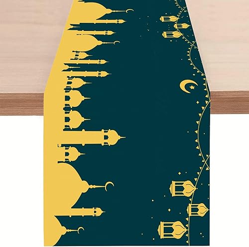 Ramadan Mubarak Table Runner, Ramadan Mosque Lantern Islamic Eid Mubarak for Bur