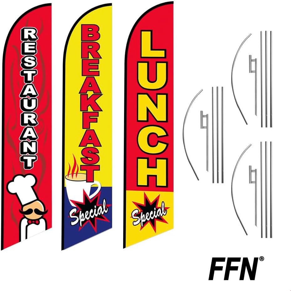 3 Swooper windless Flags Breakfast and Lunch Special with Restaurant outdoor Feather Banners Sign with 3 Pole Kits and 3 Ground Spikes