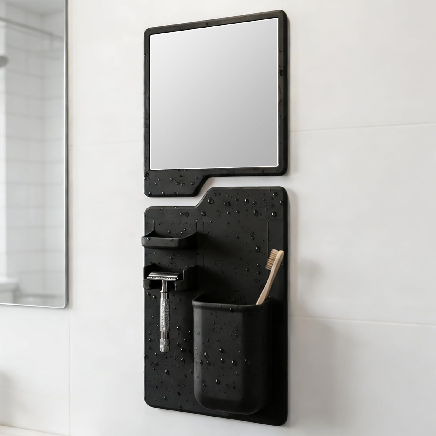 Shower Mirror Set - Silicone Shower Organizer&Shatterproof Shower Mirror for Shaving - Powerful Silicone Adhesion, Removable and Reusable, Black