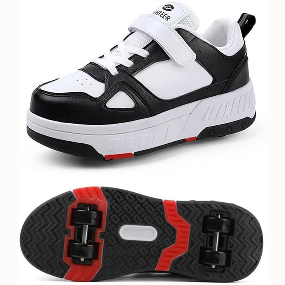 Buty z rolkami, opuszczane, techniczne buty skateboardowe, buty sportowe, dziecięce wrotki, buty sportowe dla chłopców i dziewczynek, 4 wrotki, czarne, rozmiar 32 UE