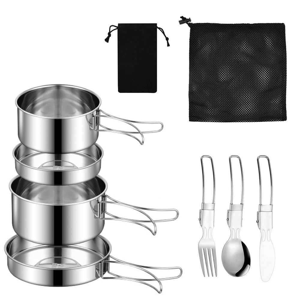 Kit Cocina Camping Acero Inoxidable, Juego de Ollas y Sartenes para Camping, Set de Cubiertos Plegable para Llevar, con Tenedor Cuchara Cuchillo y Bolsas, Kit Cocina Camping para 2-3 Personas