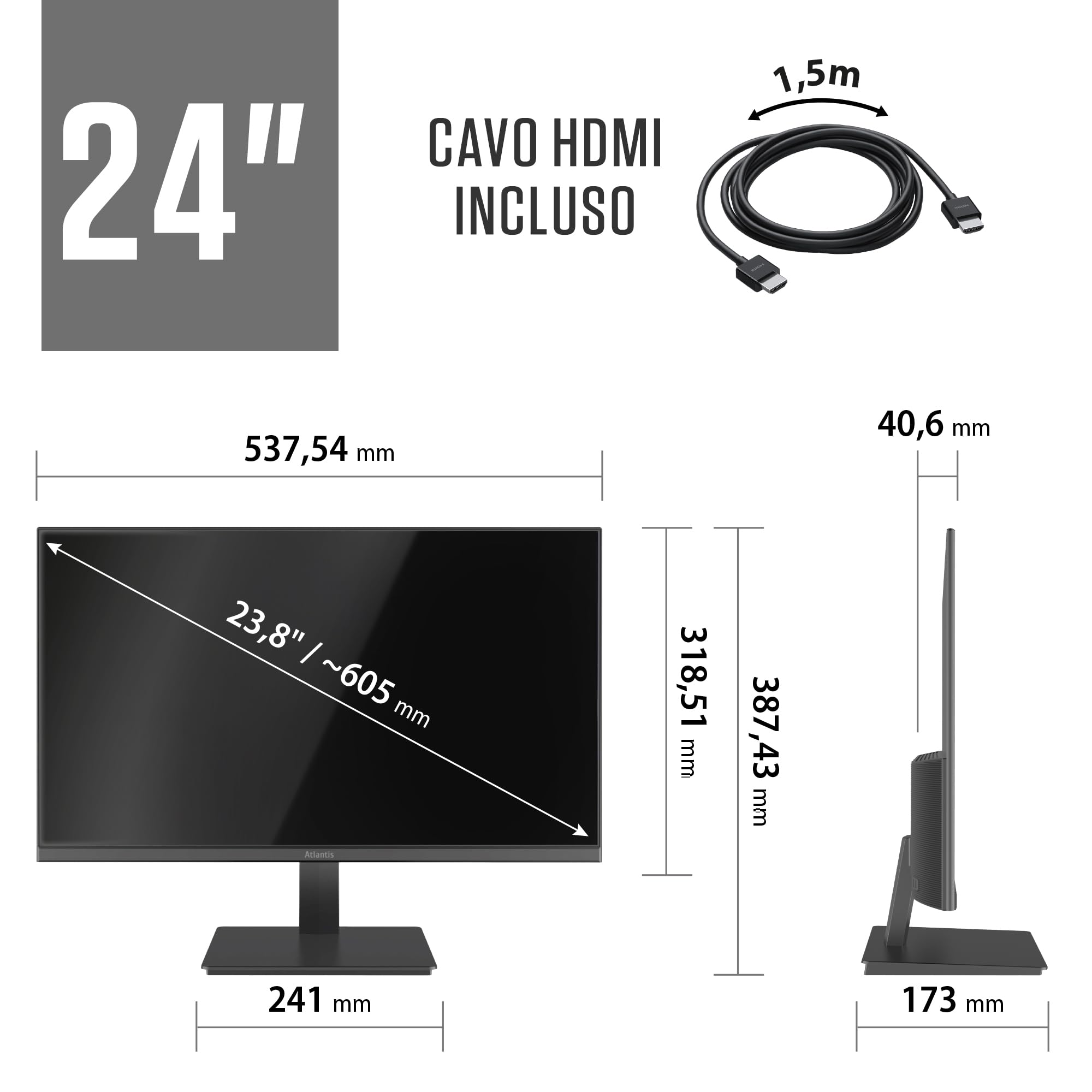 Atlantis Monitor 24 pollici, schermo 24" VA 120Hz, Full HD 1920x1080, VGA HDMI, MULTIMEDIALE, FreeSync, Uscita Audio/Cuffie, inclin, risposta 5ms, Contrasto 4000:1, Angolo 178/178, Cavo HDMI 1,5m