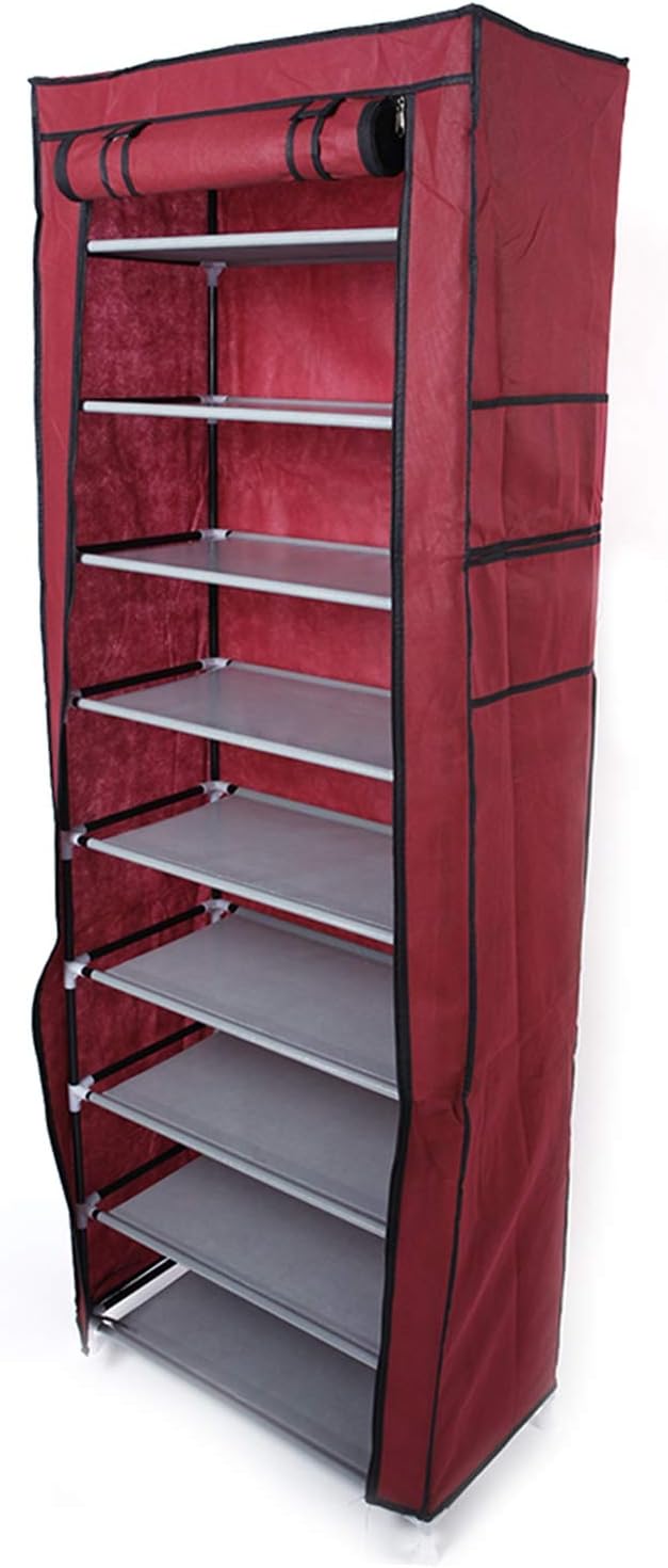 9 Tier Shoe Storage Closet Organizer Rack with Fabric Cover,Dustproof,Holds 27 Pairs,Easy Assembly,for Sneakers, Flats, Heels (Wine Red)
