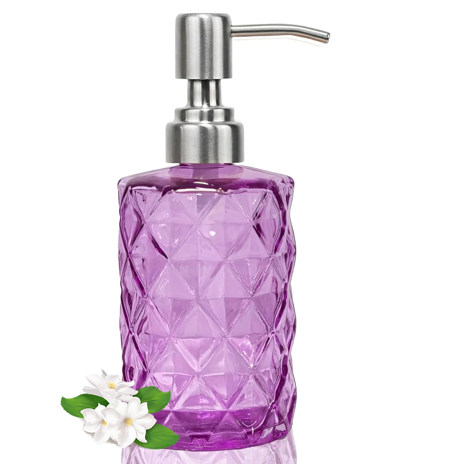 Photo 1 of 12Oz Purple Glass Soap Dispenser with Stainless Steel Pump, Refillable Kitchen Liquid Hand Soap Dispenser with Diamond Design, for Dispense Hand soap, Dish Soap, Lotion, Bathroom, Countertop, Hotel