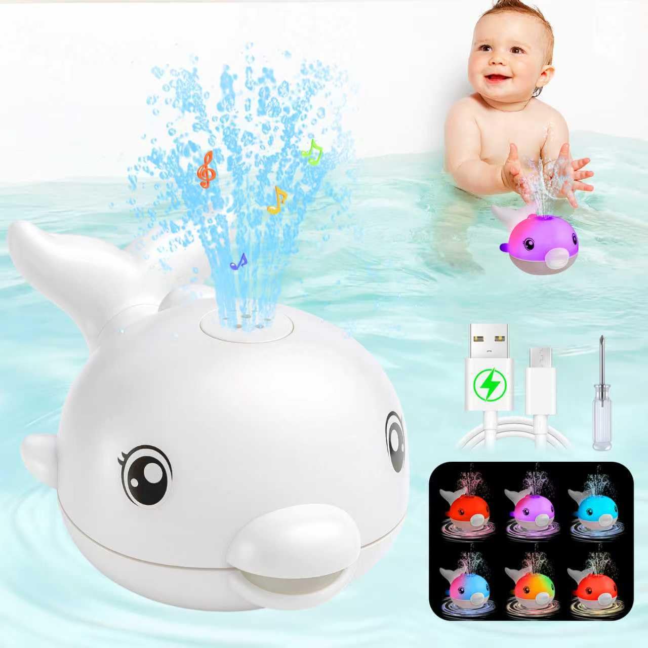 Bath Toys, Light Up Dolphin Baby Bath Toys for Babies 6-12 12-18 Months, Rechargeable Sprinkler Musical Toys, Easter Basket Stuffers Bathtub Toys for Toddlers 1-3 2-4 Boys Girls Infant Kids- White