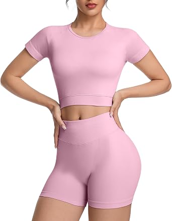 OVESPORT 2 Piece Workout Sets for Women Impact Crop Top Shirts and Seamless Gym Shorts Outfits
