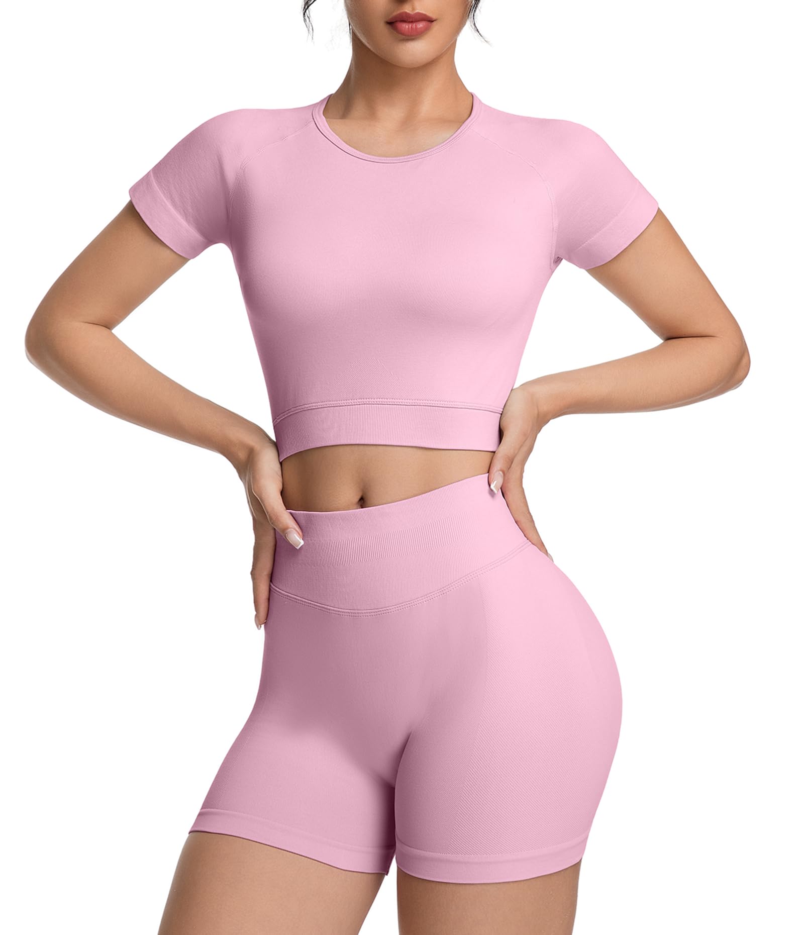 OVESPORT 2 Piece Workout Sets for Women Impact Crop Top Shirts and Seamless Gym Shorts Outfits
