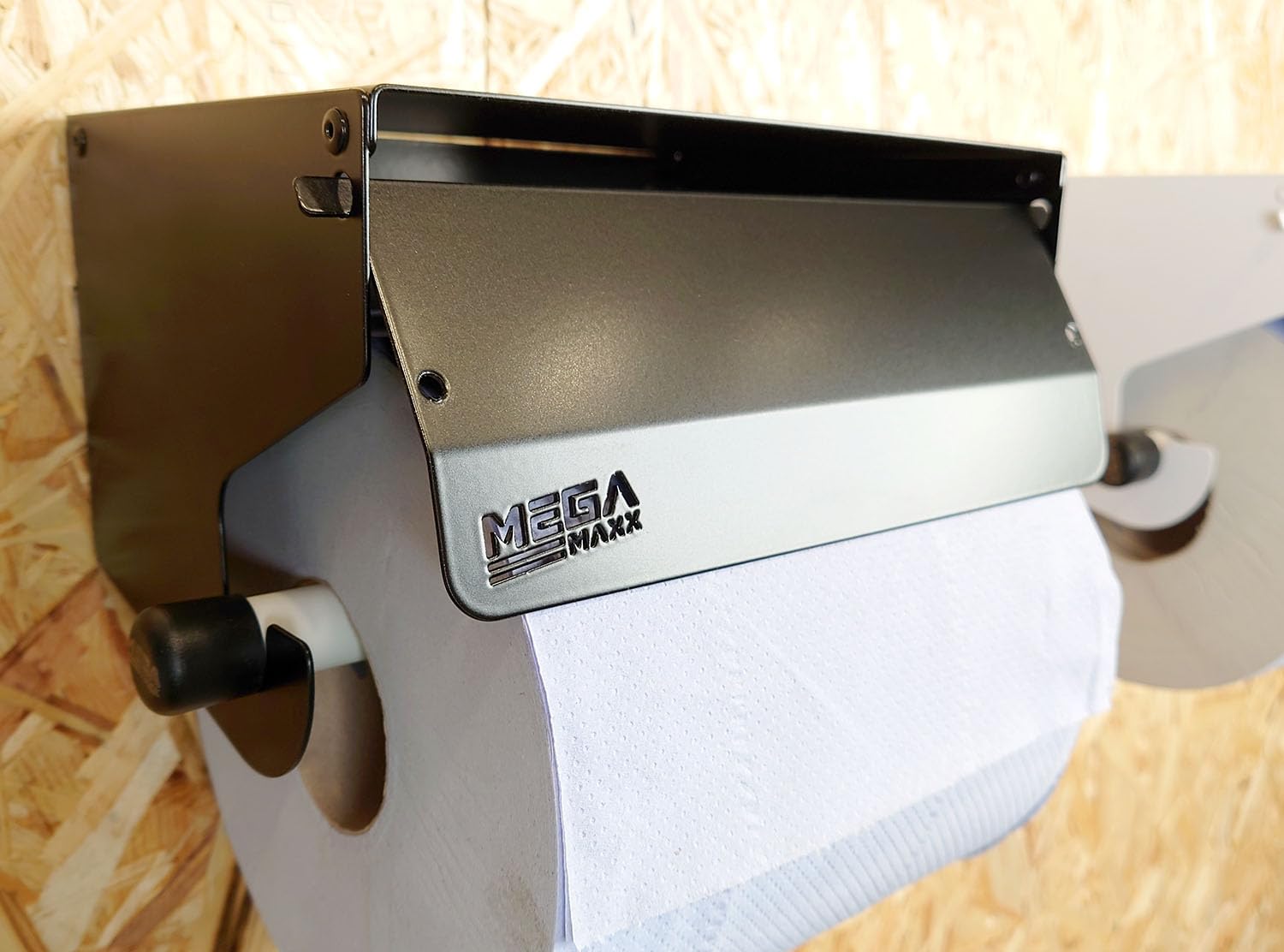 Rollo de papel de metal resistente montado en la pared, 220 mm, color azul, dispensador galvanizado con cubierta de rodillo para baño, saneamiento y oficina, color negro