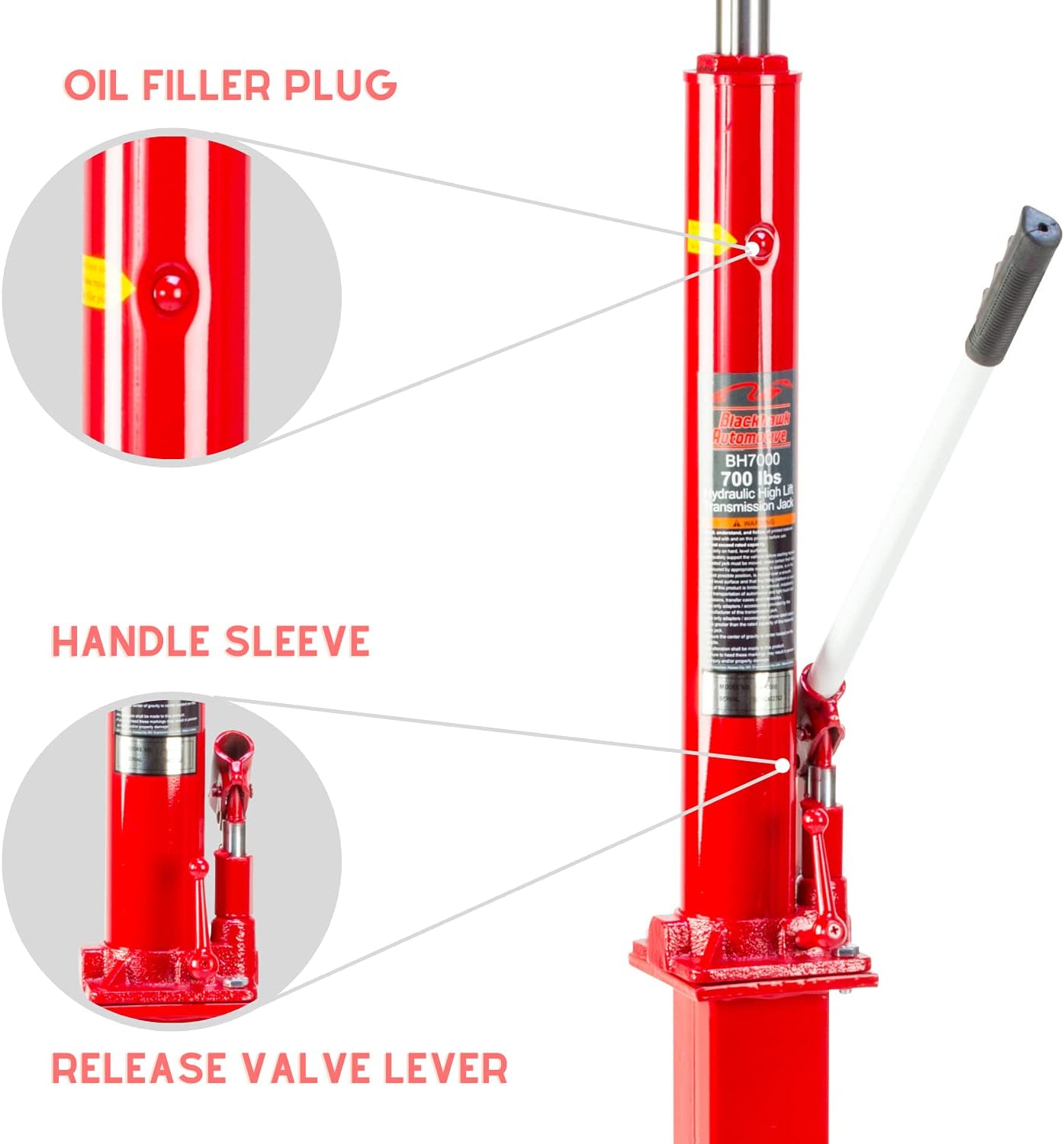 Blackhawk Telescopic Transmission Jack - Heavy Duty Hydraulic Hi-Lift Floor Jack from 58 to 76 inches with 700 Lbs (Pound) Capacity for Garage Shop