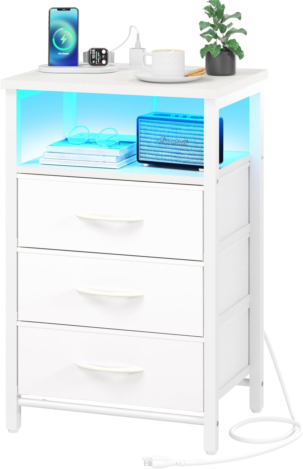 Yoobure - Bedside Table with Charging Station, 16 Colors LED with USB Ports and Outlets, Side Table with 3 Fabric Drawers and Storage Shelf, Small Nightstand Dresser for