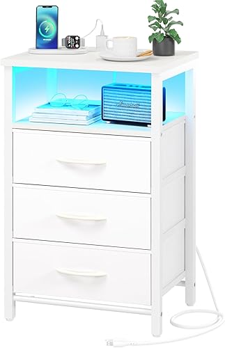 Yoobure Mesita de noche con estación de carga, mesita de noche LED de 16 colores con puertos USB y tomacorrientes, mesa auxiliar con 3 cajones de